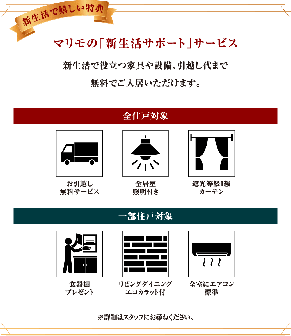 マリモの「新生活サポート」サービス　新生活で役立つ家具や設備、引越し代まで無料でご入居いただけます。｜全住戸対象：お引越し無料サービス、全居室照明付き、遮光等級1級カーテン｜一部住戸対象：食器棚プレゼント、リビングダイニング エコカラット付、全室にエアコン標準